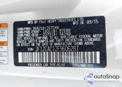 2015 Subaru Brz Limited z USA, uszkodzony, nr VIN JF1ZCAC12F9606287